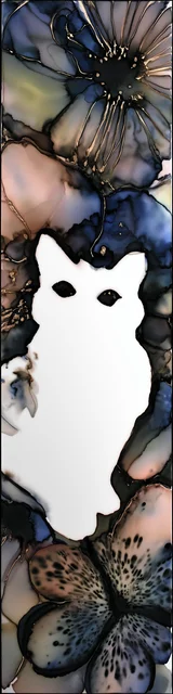 Free abstract cat art bookmarks featuring dark brown and blue abstract with a white cat